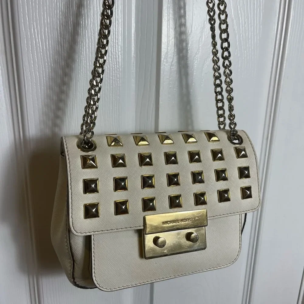Michael Kors leather off white studded sloan shoulder bag gold tone Hard…